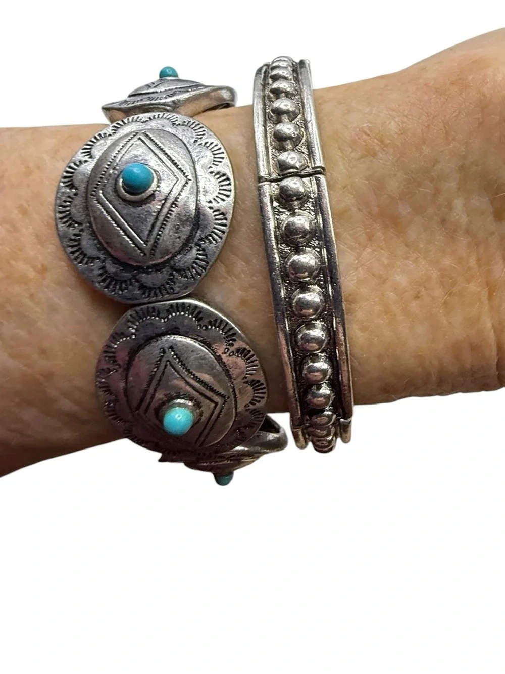 Silver Tones Faux Turquoise Concho Cuff Bracelet - Silver Beaded Stretch Set 2